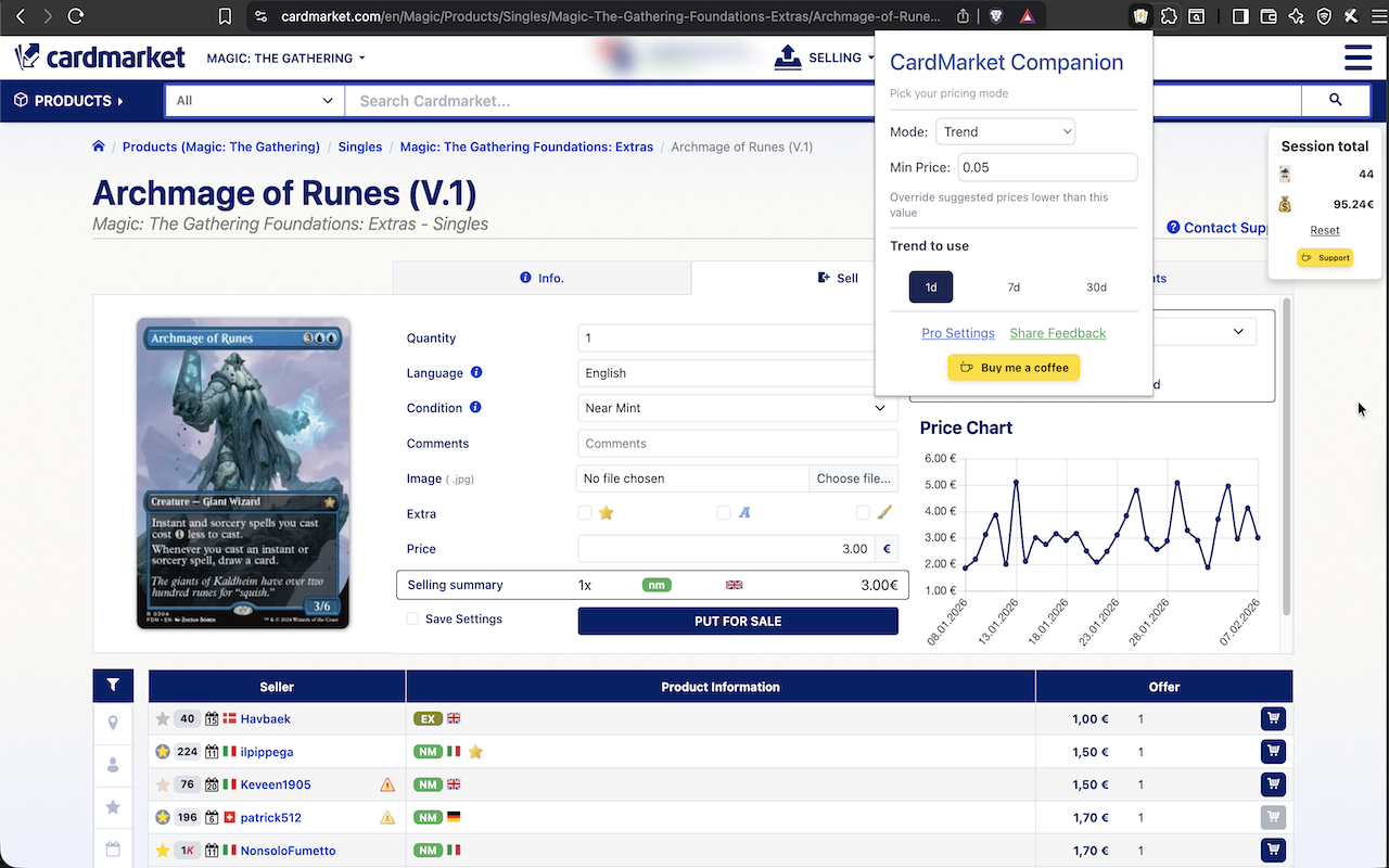 Extension menu showing all available features and controls