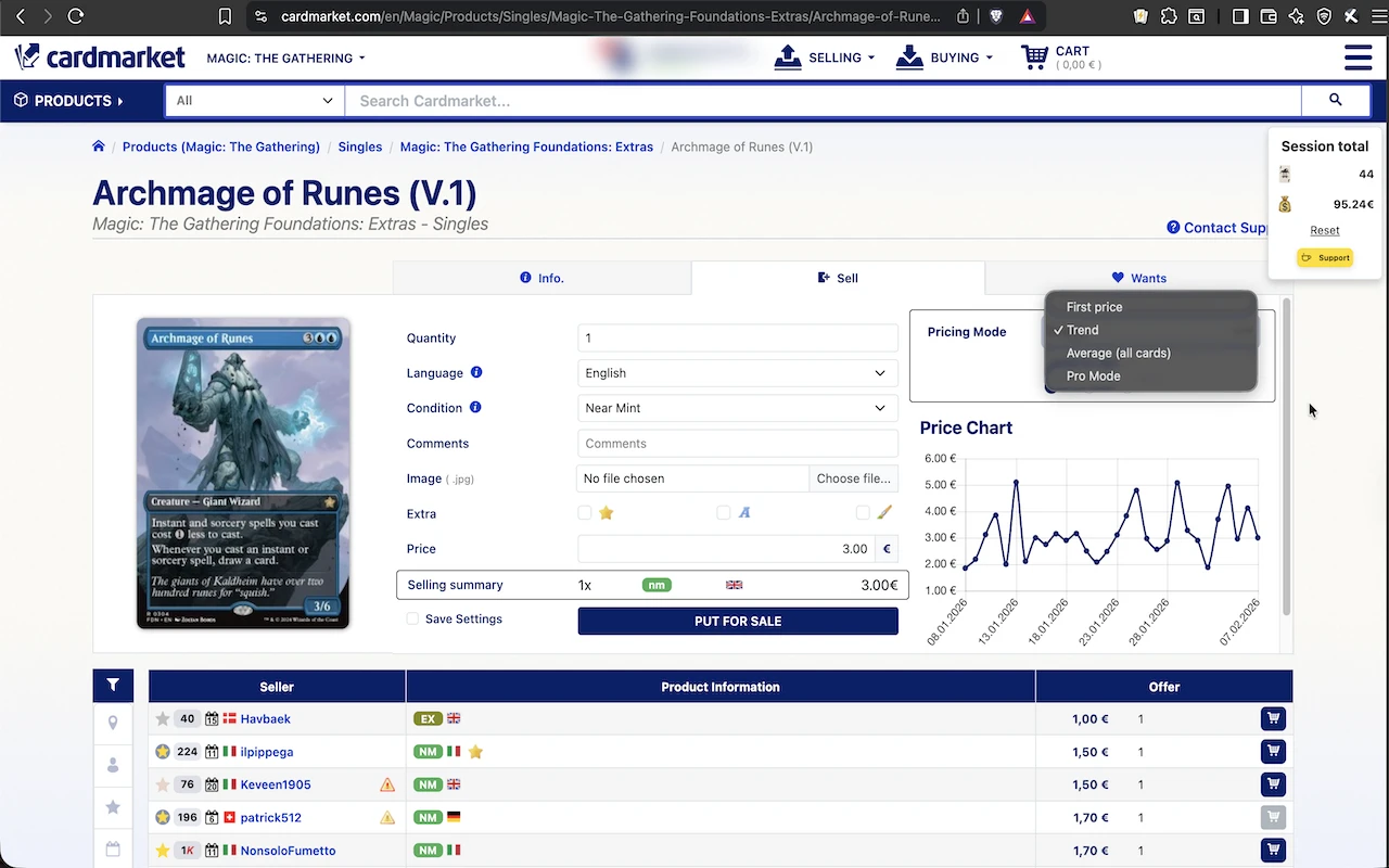 Pricing mode selection showing trend period and price type options
